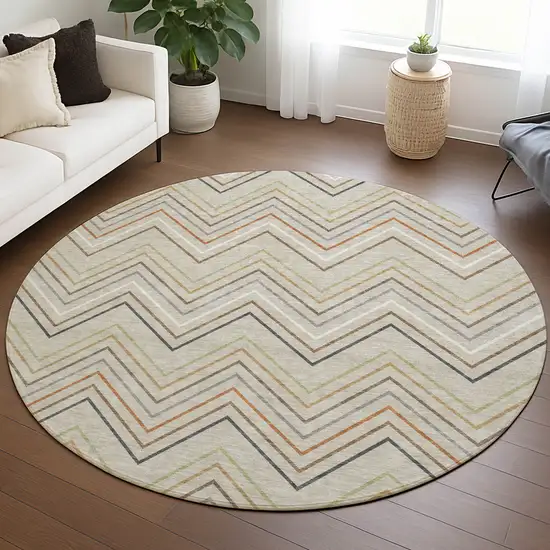 8' Beige Ivory And Brown Round Striped Washable Indoor Outdoor Area Rug Photo 5