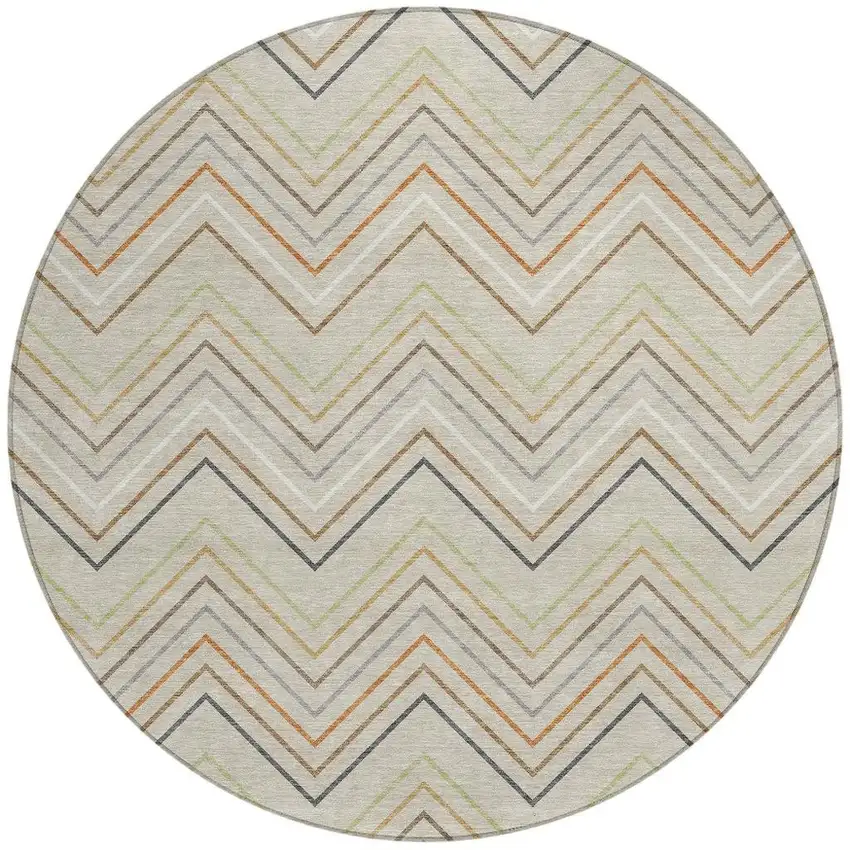 8' Beige Ivory And Brown Round Striped Washable Indoor Outdoor Area Rug Photo 3