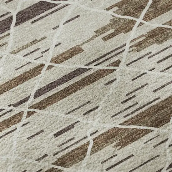 8' Beige Ivory And Brown Striped Washable Round Rug With UV Protection Photo 8