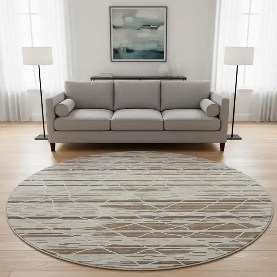 8' Beige Ivory And Brown Striped Washable Round Rug With UV Protection Photo 2