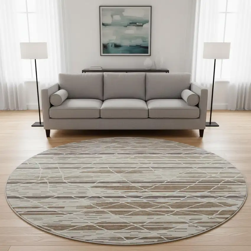 8' Beige Ivory And Brown Striped Washable Round Rug With UV Protection Photo 2