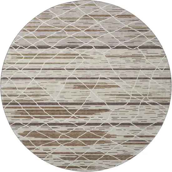 8' Beige Ivory And Brown Striped Washable Round Rug With UV Protection Photo 3