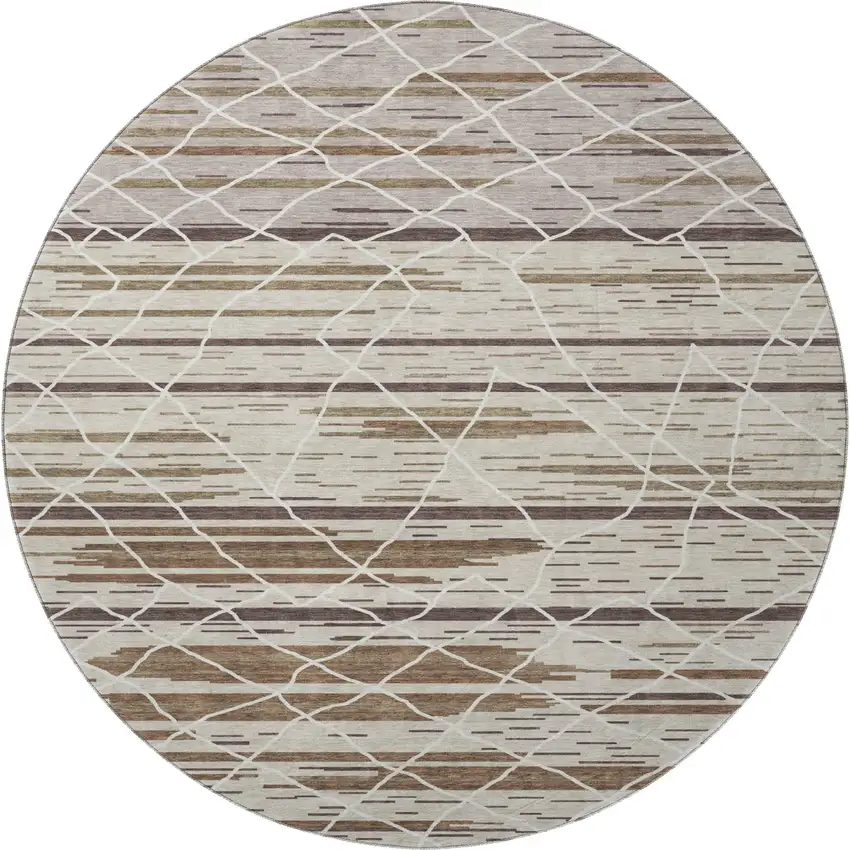 8' Beige Ivory And Brown Striped Washable Round Rug With UV Protection Photo 3