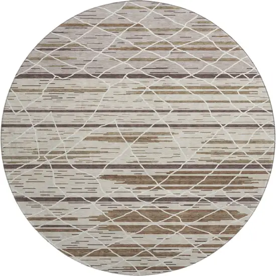 8' Beige Ivory And Brown Striped Washable Round Rug With UV Protection Photo 1
