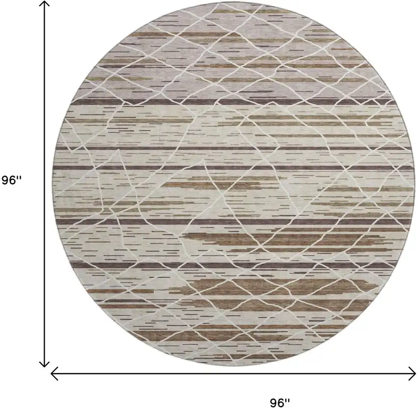8' Beige Ivory And Brown Striped Washable Round Rug With UV Protection Photo 9