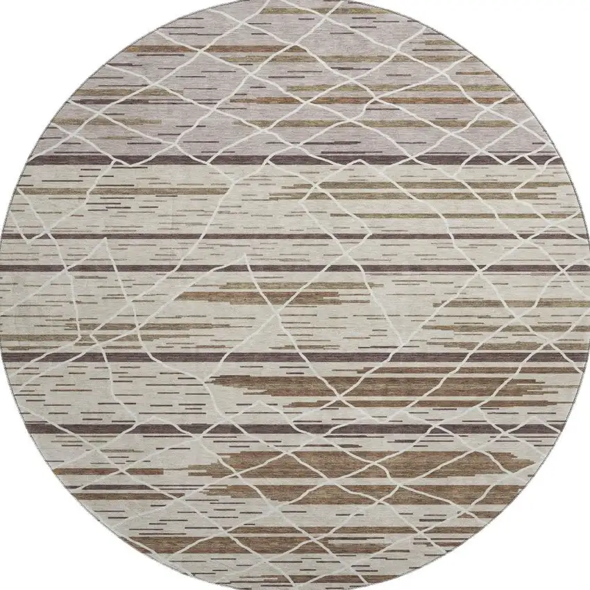 8' Beige Ivory And Brown Striped Washable Round Rug With UV Protection Photo 2