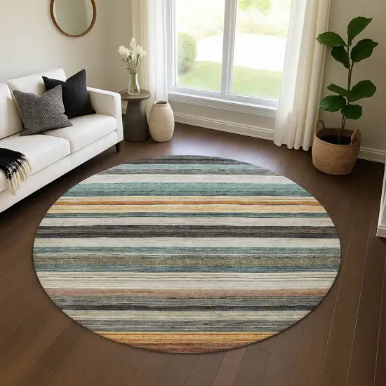 8' Beige Ivory And Brown Striped Washable Round Rug With UV Protection Photo 4