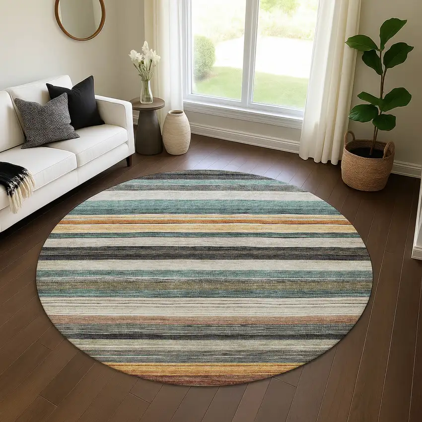 8' Beige Ivory And Brown Striped Washable Round Rug With UV Protection Photo 4