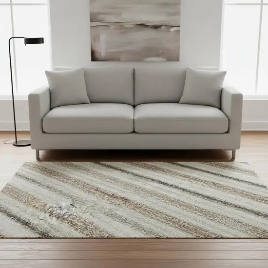 8' Beige Ivory And Brown Striped Washable Round Rug With UV Protection Photo 2