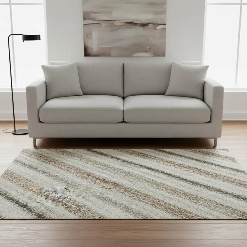 8' Beige Ivory And Brown Striped Washable Round Rug With UV Protection Photo 2