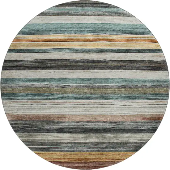 8' Beige Ivory And Brown Striped Washable Round Rug With UV Protection Photo 5