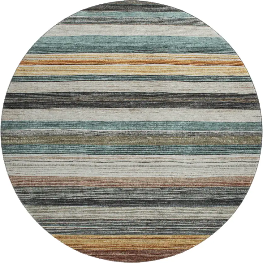 8' Beige Ivory And Brown Striped Washable Round Rug With UV Protection Photo 5