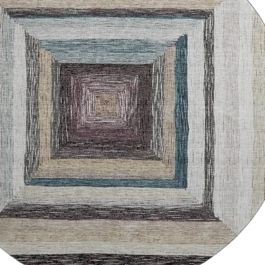 8' Beige Ivory And Charcoal Geometric Washable Round Rug With UV Protection Photo 3