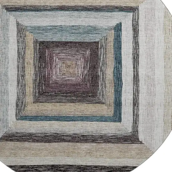 8' Beige Ivory And Charcoal Geometric Washable Round Rug With UV Protection Photo 3