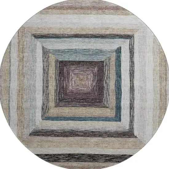 8' Beige Ivory And Charcoal Geometric Washable Round Rug With UV Protection Photo 4