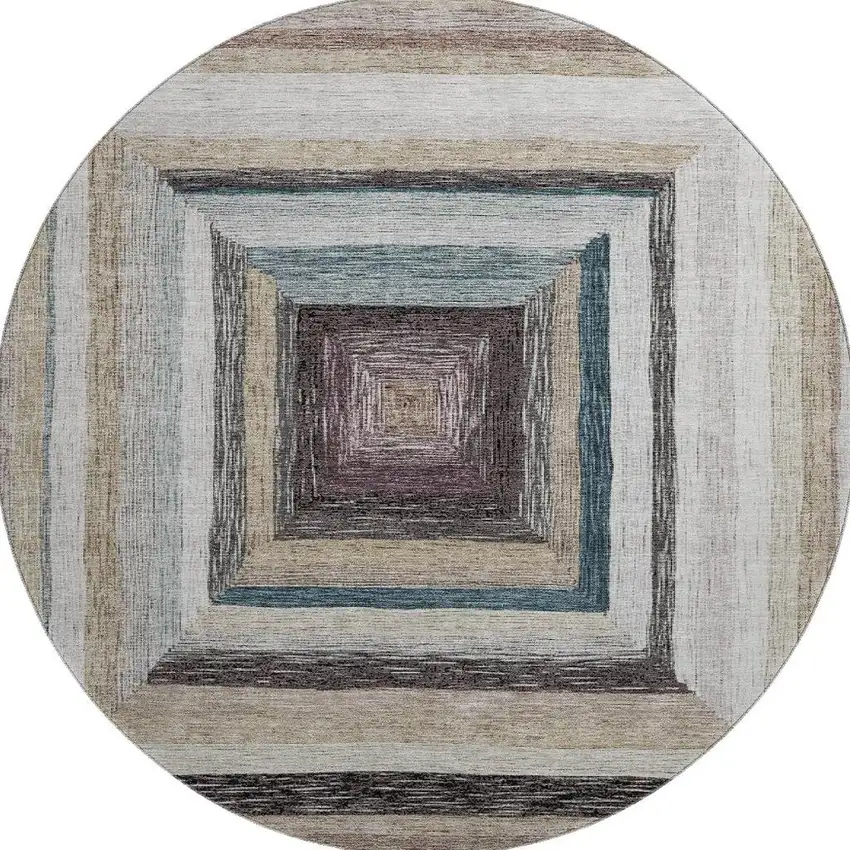 8' Beige Ivory And Charcoal Geometric Washable Round Rug With UV Protection Photo 4