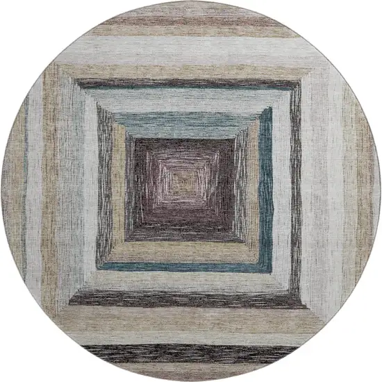 8' Beige Ivory And Charcoal Geometric Washable Round Rug With UV Protection Photo 1