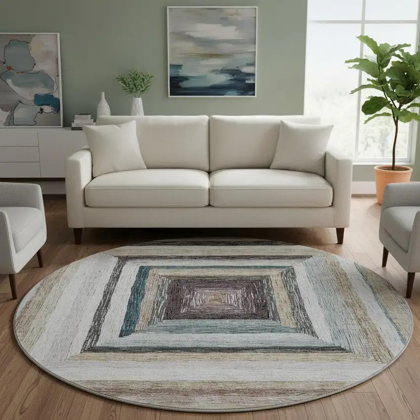 8' Beige Ivory And Charcoal Geometric Washable Round Rug With UV Protection Photo 2