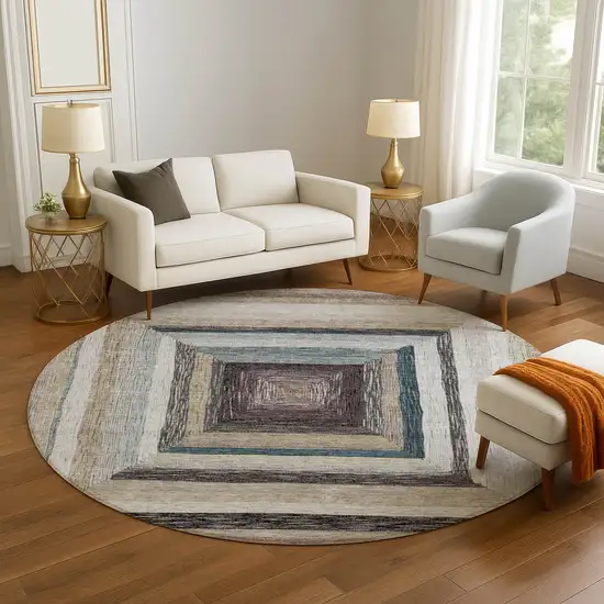8' Beige Ivory And Charcoal Geometric Washable Round Rug With UV Protection Photo 5