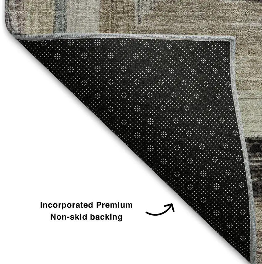 8' Beige Ivory And Charcoal Geometric Washable Round Rug With UV Protection Photo 6