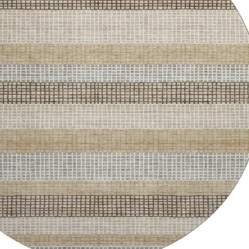 8' Beige Ivory And Chocolate Striped Washable Round Rug With UV Protection Photo 3