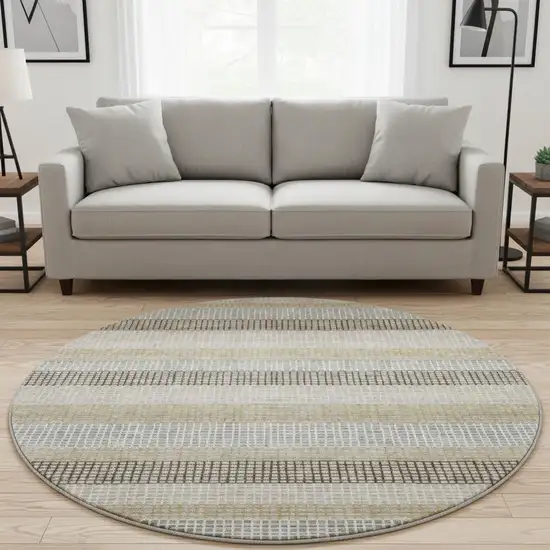 8' Beige Ivory And Chocolate Striped Washable Round Rug With UV Protection Photo 2