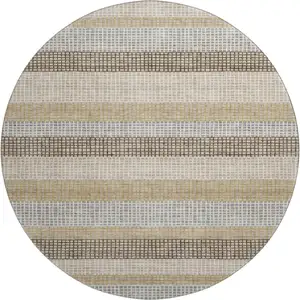 Photo of 8' Beige Ivory And Chocolate Striped Washable Round Rug With UV Protection