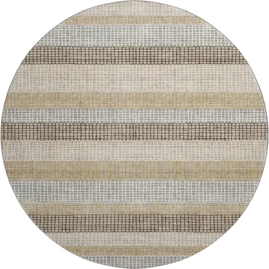 8' Beige Ivory And Chocolate Striped Washable Round Rug With UV Protection Photo 1