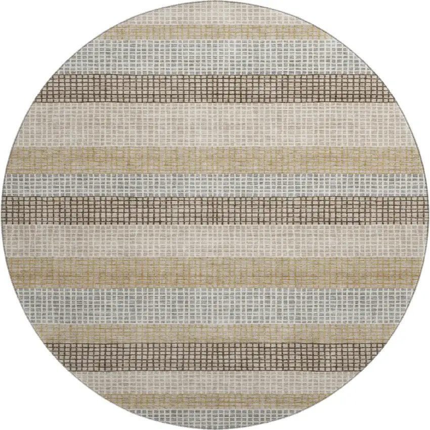8' Beige Ivory And Chocolate Striped Washable Round Rug With UV Protection Photo 1