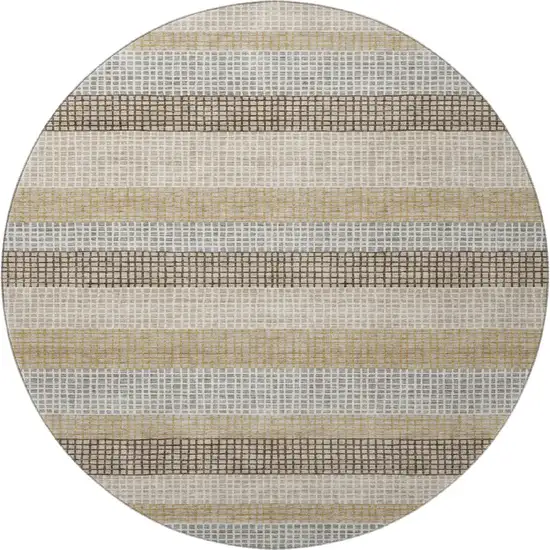 8' Beige Ivory And Chocolate Striped Washable Round Rug With UV Protection Photo 4