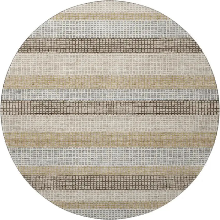 8' Beige Ivory And Chocolate Striped Washable Round Rug With UV Protection Photo 4