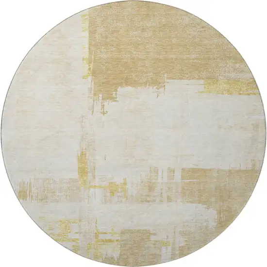 8' Beige Ivory And Gold Abstract Washable Round Rug With UV Protection Photo 3