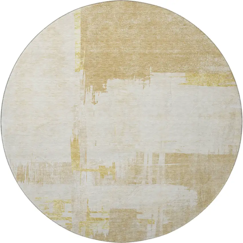 8' Beige Ivory And Gold Abstract Washable Round Rug With UV Protection Photo 3