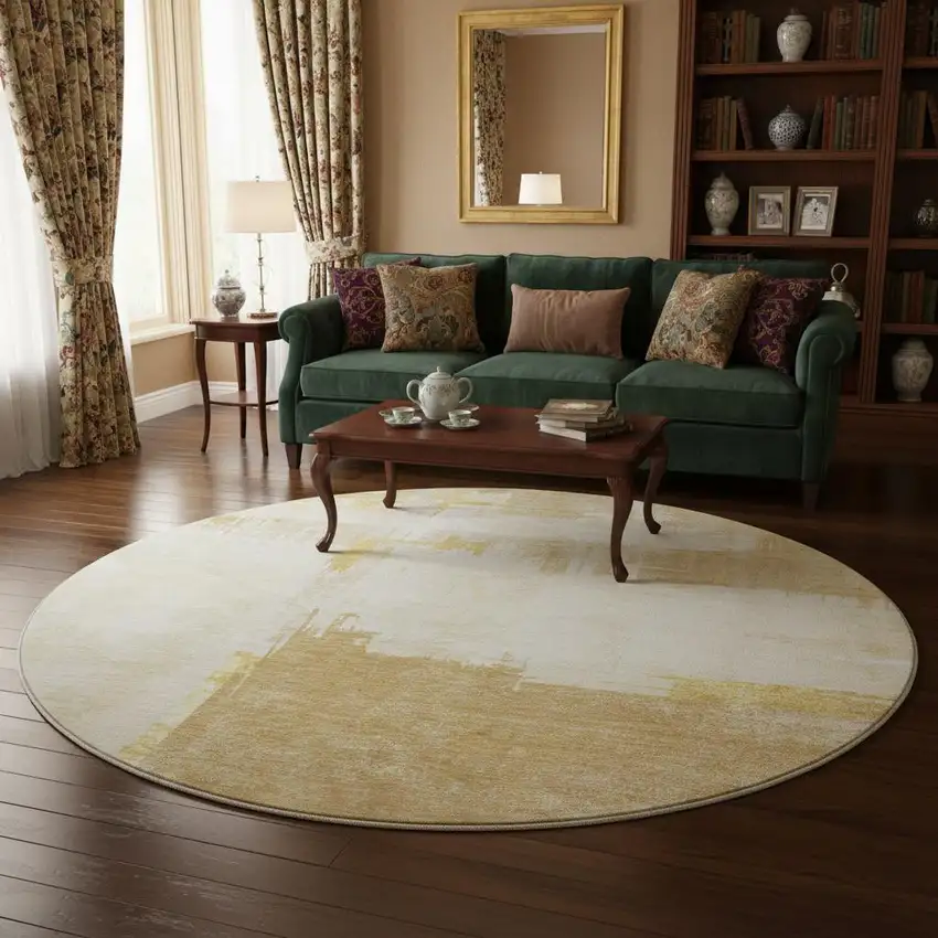 8' Beige Ivory And Gold Abstract Washable Round Rug With UV Protection Photo 2