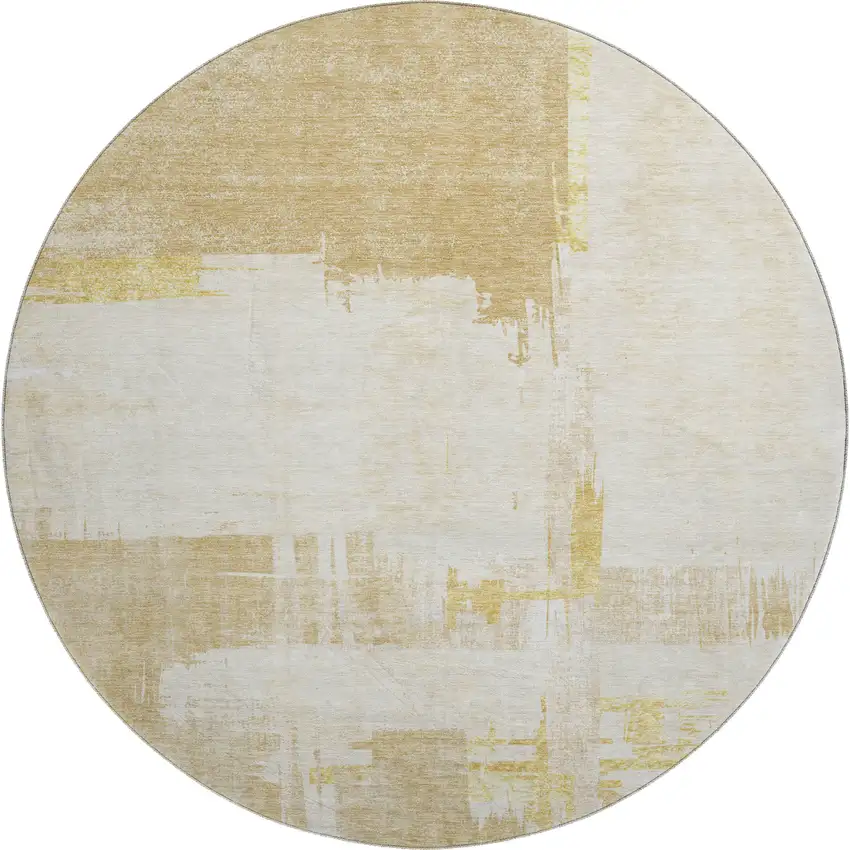 8' Beige Ivory And Gold Abstract Washable Round Rug With UV Protection Photo 1