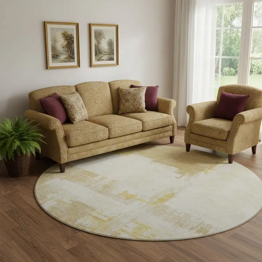 8' Beige Ivory And Gold Abstract Washable Round Rug With UV Protection Photo 1