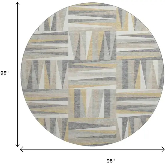 8' Beige Ivory And Gold Geometric Washable Round Rug With UV Protection Photo 9
