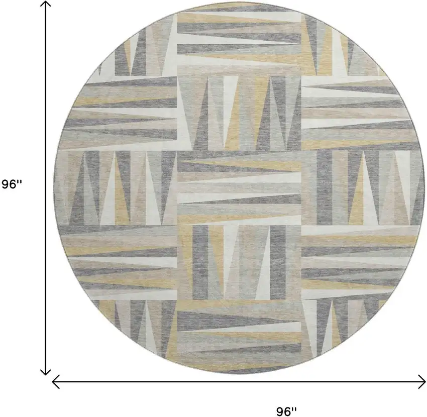 8' Beige Ivory And Gold Geometric Washable Round Rug With UV Protection Photo 9