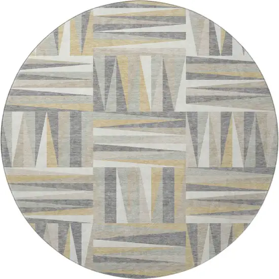 8' Beige Ivory And Gold Geometric Washable Round Rug With UV Protection Photo 3