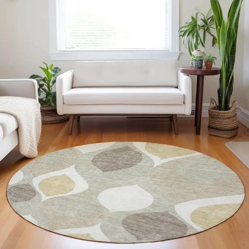 8' Beige Ivory And Gold Ogee Washable Round Rug With UV Protection Photo 5