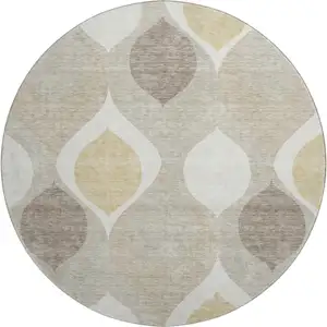 Photo of 8' Beige Ivory And Gold Ogee Washable Round Rug With UV Protection