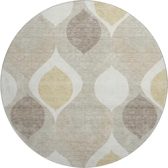 8' Beige Ivory And Gold Ogee Washable Round Rug With UV Protection Photo 1