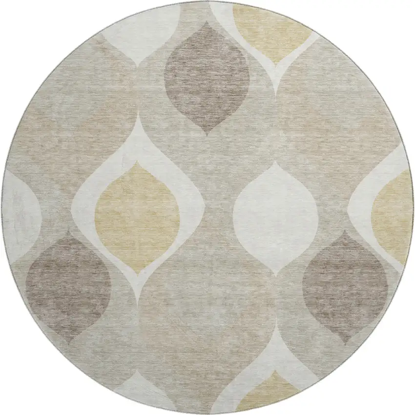 8' Beige Ivory And Gold Ogee Washable Round Rug With UV Protection Photo 1