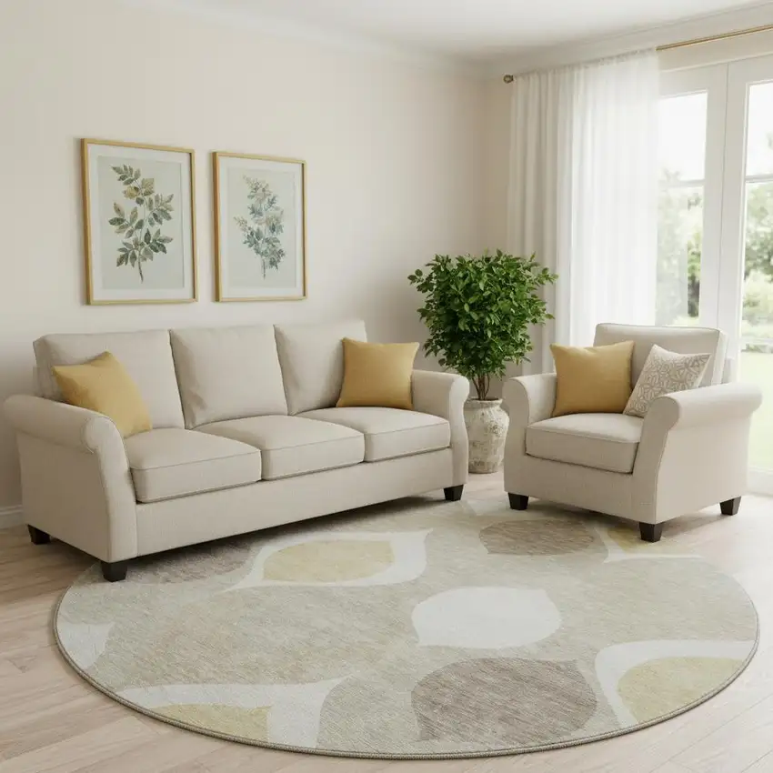 8' Beige Ivory And Gold Ogee Washable Round Rug With UV Protection Photo 1