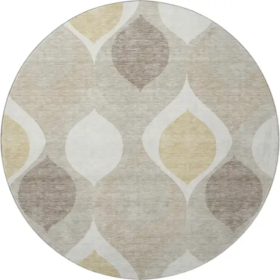 8' Beige Ivory And Gold Ogee Washable Round Rug With UV Protection Photo 4