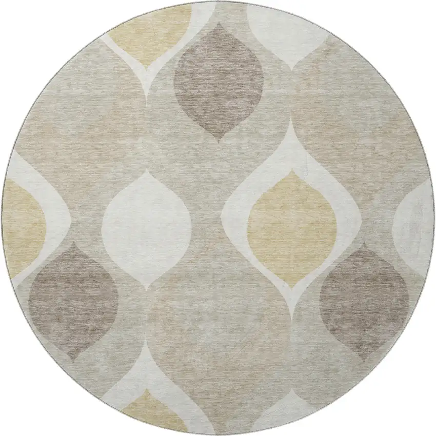 8' Beige Ivory And Gold Ogee Washable Round Rug With UV Protection Photo 4
