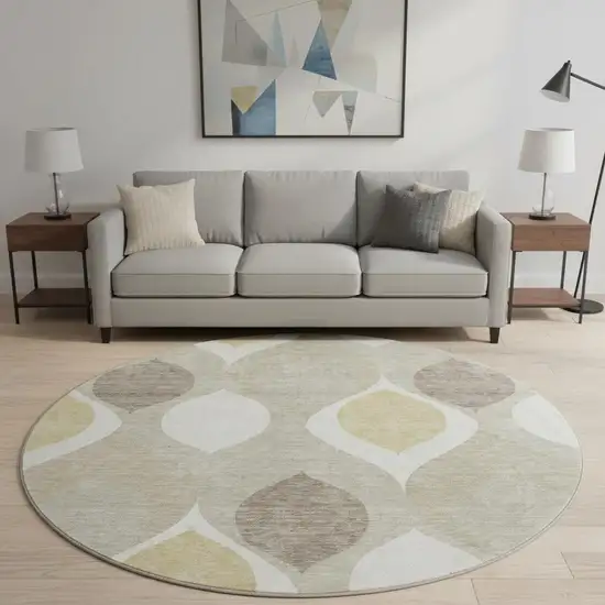 8' Beige Ivory And Gold Ogee Washable Round Rug With UV Protection Photo 2