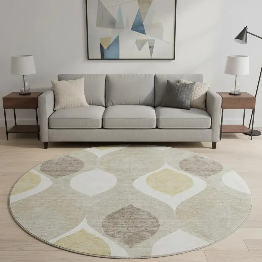 8' Beige Ivory And Gold Ogee Washable Round Rug With UV Protection Photo 2