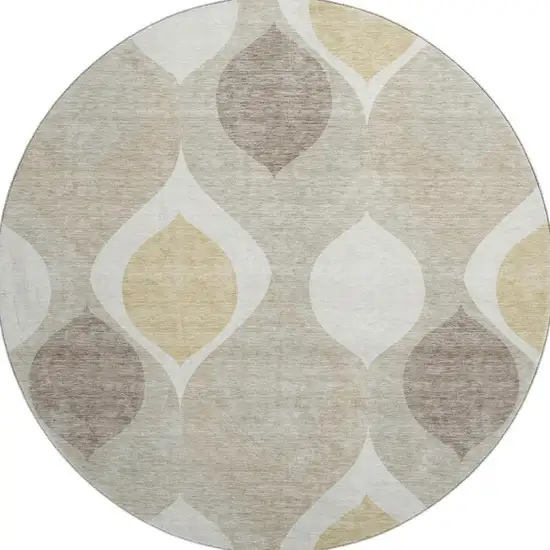 8' Beige Ivory And Gold Ogee Washable Round Rug With UV Protection Photo 3