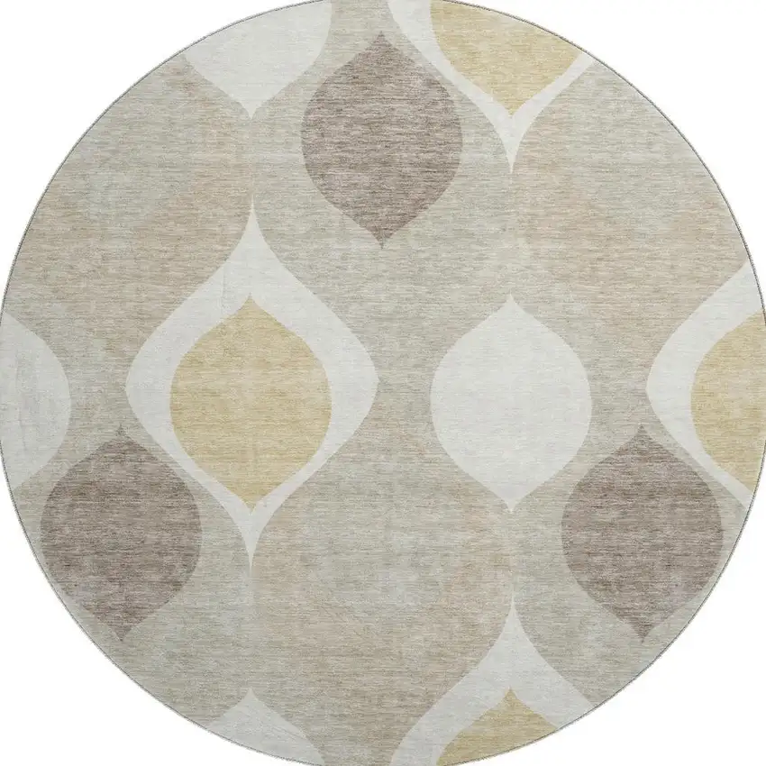 8' Beige Ivory And Gold Ogee Washable Round Rug With UV Protection Photo 3